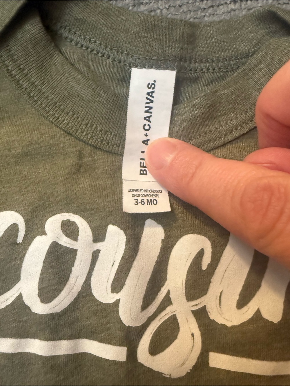 Bella Canvas Olive Green Baby Tee with White Script - Picture 2 of 4